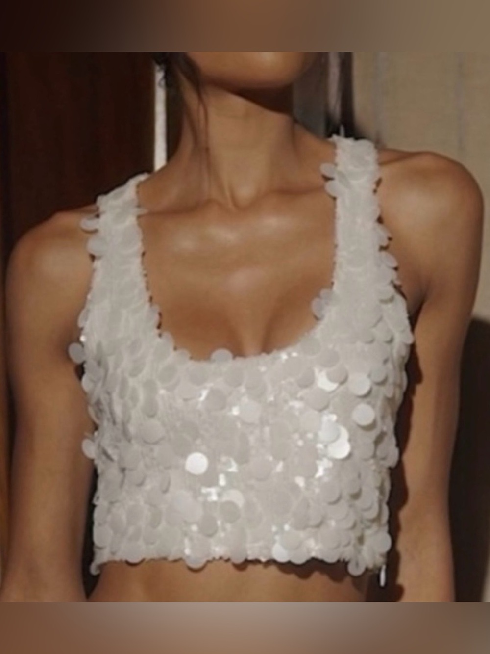 Meshki Maude Sequin Racer Crop Top Ivory Statement Party Size S